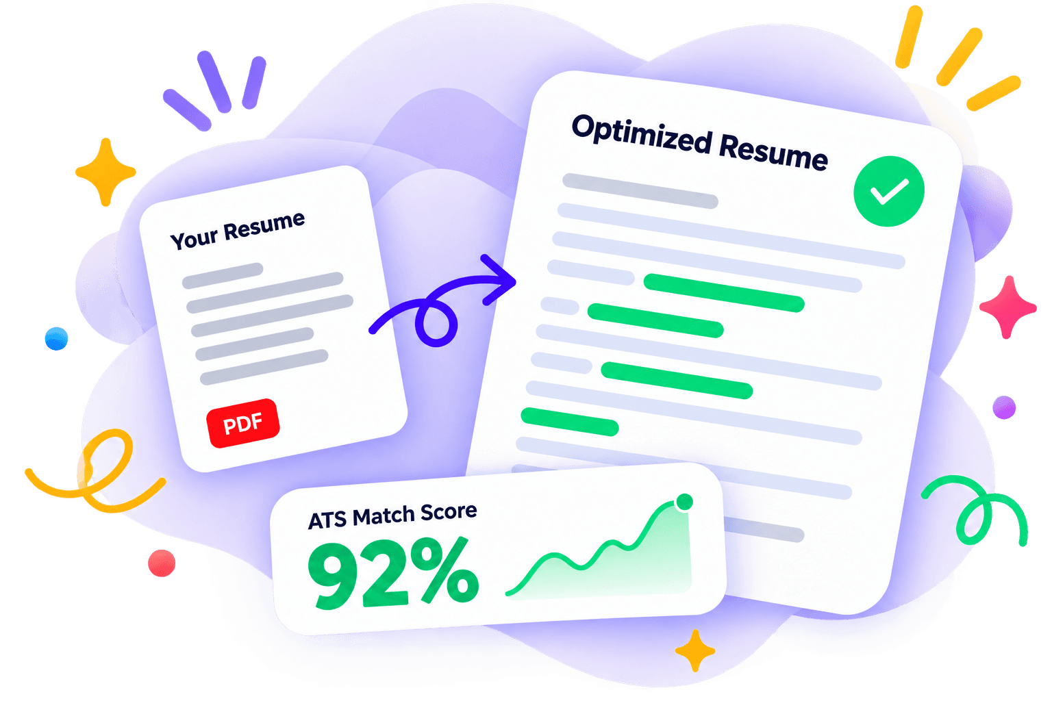 A plain resume beside an optimized one scoring 92% ATS match